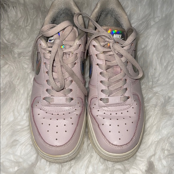 Nike Air Force Women's Light Pink Sneakers with Holographic Silver Swoosh - Picture 3 of 7